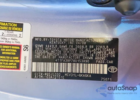 2008 Toyota Camry Solara Sle V6 из США, поврежденный, VIN 4T1FA38P78U153890